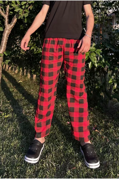 Herren Schlafanzughose ohne Taschen in kariertem Muster, Jogginghose, Rot mit Fenstermuster