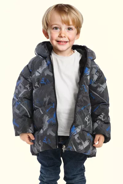 معطف شتوي للفتيان بغطاء رأس مقاوم للرياح والماء، بلون أنثراسيت، بنقشة رقمية من الفرو الصناعي القابل للحشو