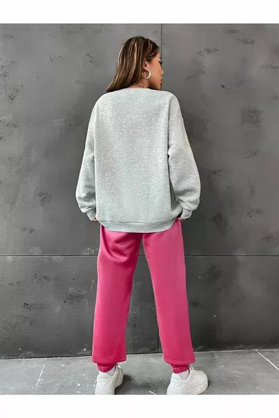 Женский 3 нити Серый Розовый Калифорния  Принт Оверсайз Низ Топ Спортивный Костюм