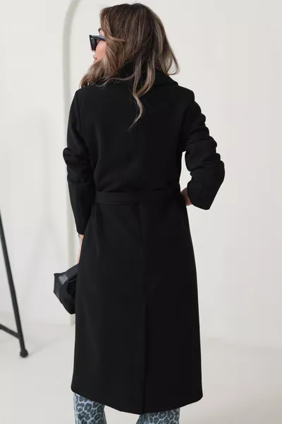 Women's Black Lined Pocketed Long Oversized Wool Coat with Belt