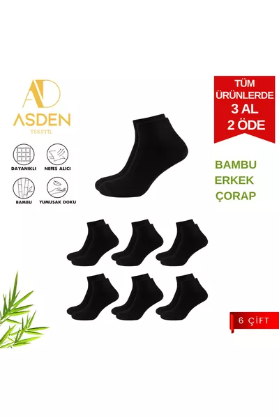 Calze corte da uomo nere in bambù con polsino, pacco da 6, lavabili, senza cucitura sulla punta