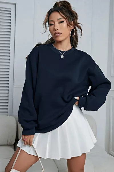 Katoenen Unisex Oversized Basic Donkerblauwe Ronde Hals Trui