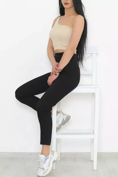 نسائي خصر عالي أسود أمي جينز ليكرا جينز مطاطي