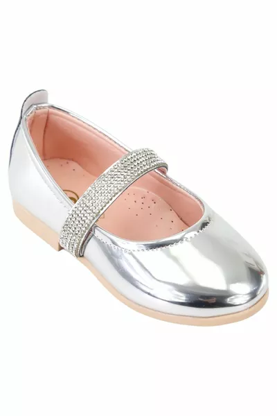 حذاء باليه معدني لامع للفتيات - وردي وفضي
