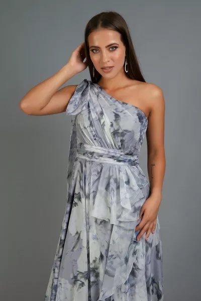 نيلي مشربة كم واحد شق فستان سهرة طويل