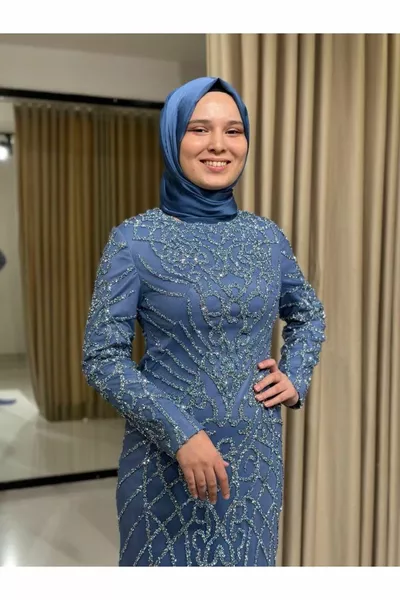 Sterne Neue Saison Damen Glitzer Pailletten Besticktes Hijab Abendkleid indigo