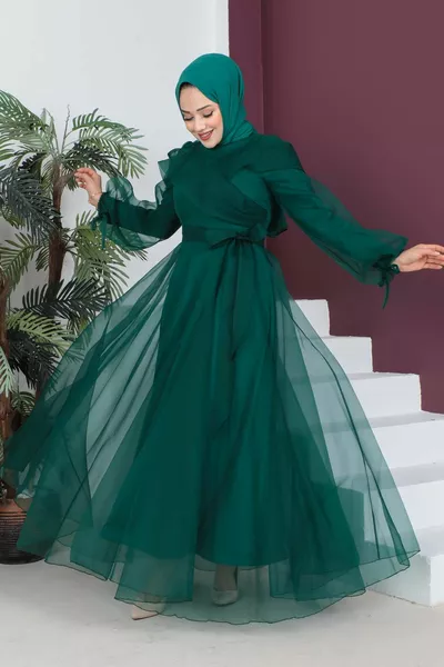 Emerald Green Balloon Sleeve Tie Tulle Evening Dress