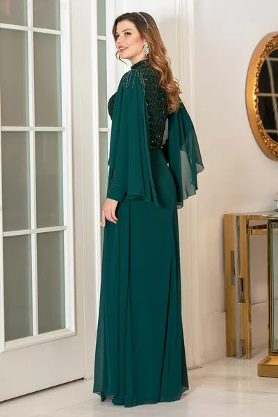 Kraal Gedetailleerde Chiffon Plus Size Taille Avondjurk - Emerald