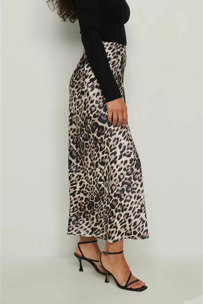 Leopard Print Satin Midi Length Skirt