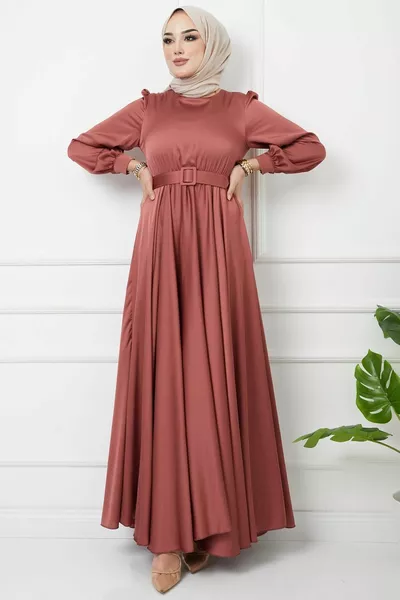 Ausgestelltes Abendkleid mit Gürtel Accessoires Dried Rose 