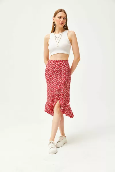 Roter Strickrock mit Rüschen und Schlitz für Damen 