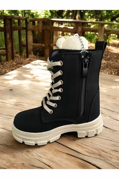 Cold Proof Non Slip Sole Girls Boots with Teddy Bear, Zipper Girls Boots, BLACK Kids Boots