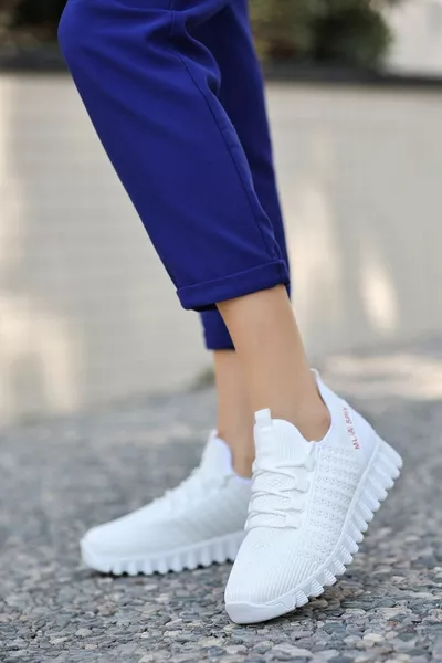 دوجي الدانتيل مفصلة تريكو النساء أحذية رياضية أبيض