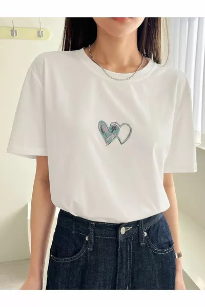 Weißes Oversize-T-Shirt mit Doppelherz-Print für Damen