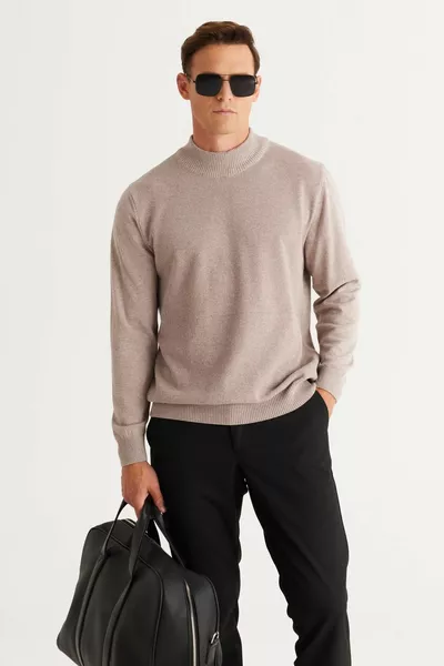 Herren Nerz Standard Fit Normaler Schnitt Halber Rollkragenpullover aus Baumwolle aus Strick