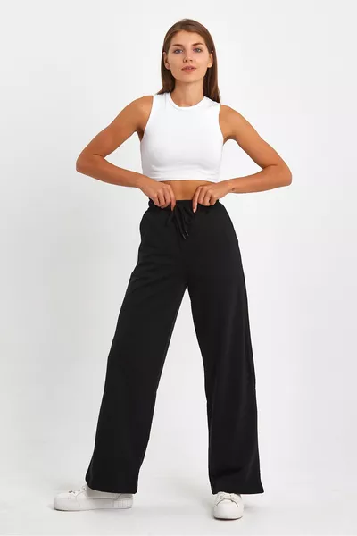 Women's Seasonal Shabby Wide Comfortable Leg Black Sweatpants with Side Pockets