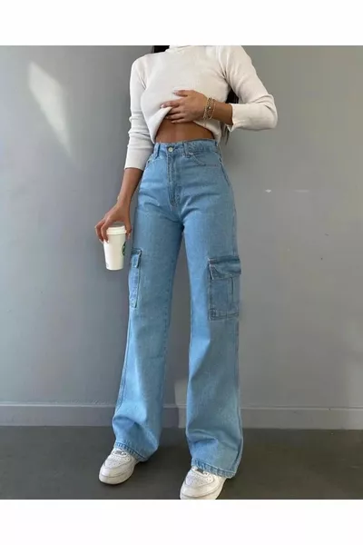 Women's Light Blue Lira Cargo Pocket Palazzo Wide Legs