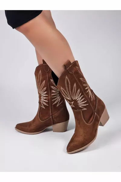 Hellbraune Wildleder Western Dekorative bestickte Cowboystiefel für Damen