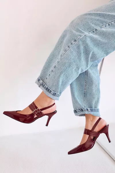 Touch Patent Leather Pointed Toe Triple Strap Back Open Stiletto Evening Heels Women's Shoes