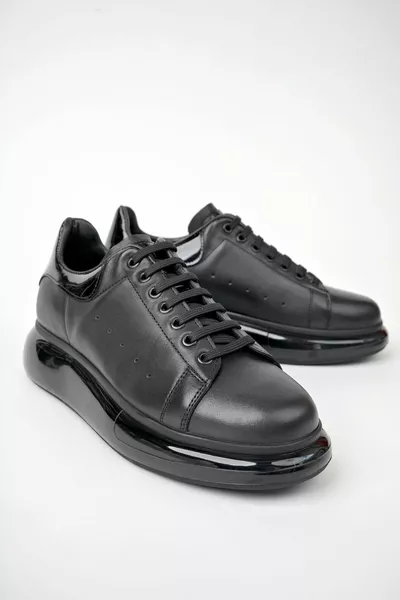   Siyah Erkek Hakiki Deri Jel Yüksek Taban Spor Ayakkabı - Siyah - 