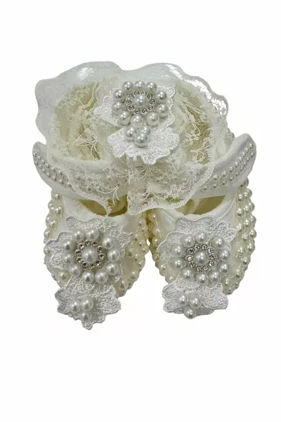 Перлени сатенени ботуши за момиче / Комплект короновани ботуши / Mevlütlük Ботуши за бебе / Бебешки ботуши