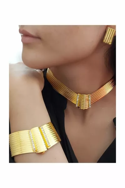 Gold K Gold Plated Trabzon Straw Set Bracelet Necklace Earrings