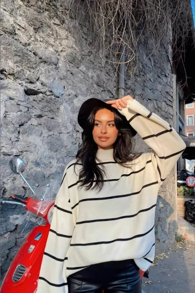 Pull en tricot blanc oversize rayé demi-col roulé femme, pull rayé