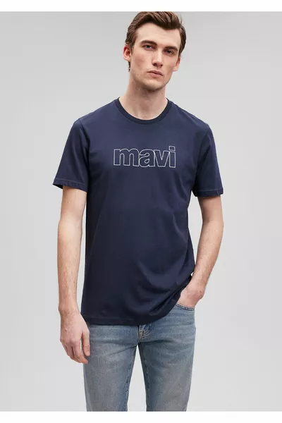 Logo Printed Navy Blue T-Shirt Slim Fit / Slim Fit 