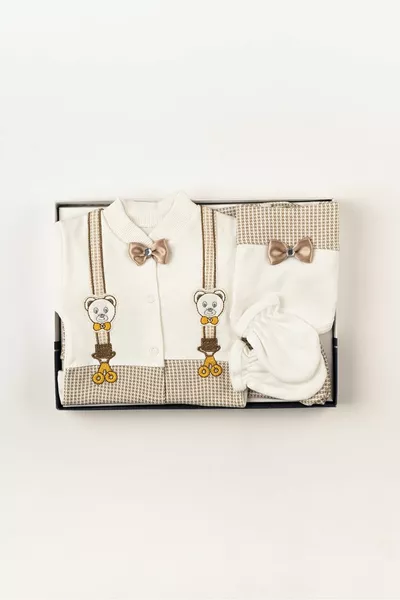 (КОРОБКА) Плюшевый мишка Кофейный галстук-бабочка Одежда для новорожденных Детская одежда Больничный выход Набор из 5 штук