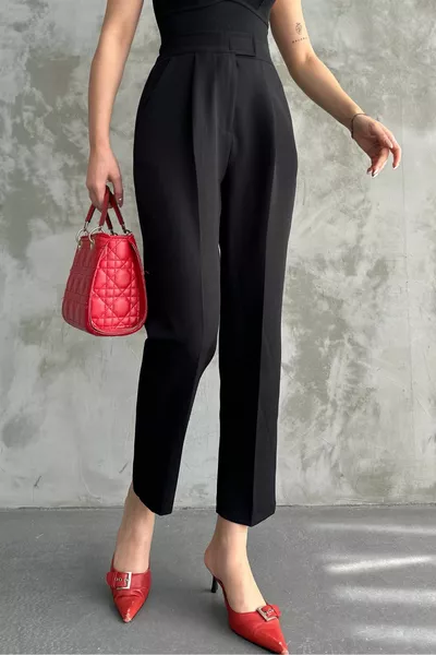 المرأة الضيقة الساق مطوي الفيلكرو إغلاق السراويل النسيج الموسمية الأسود