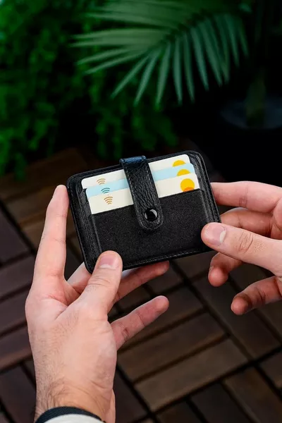 Original Véritable Cuir Unisexe Titulaire Carte de Crédit Portefeuille Portefeuille Super Slim Modèle Noir