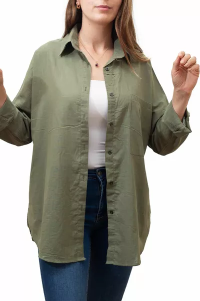 الكاكي الأخضر الملتهب ٪ القطن الكتان قميص