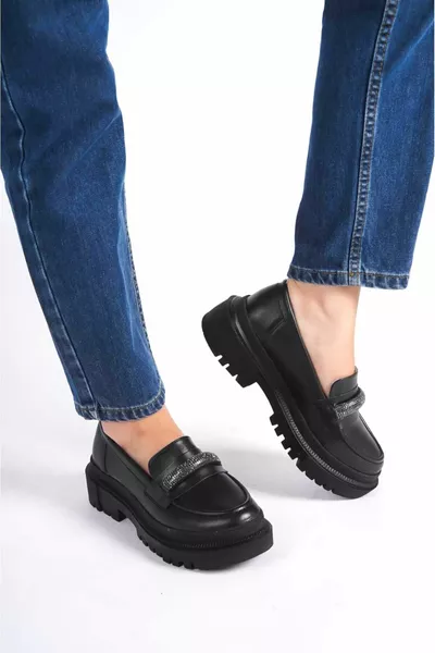 حذاء أسود أسود للسيدات طويل النعل كاجوال 