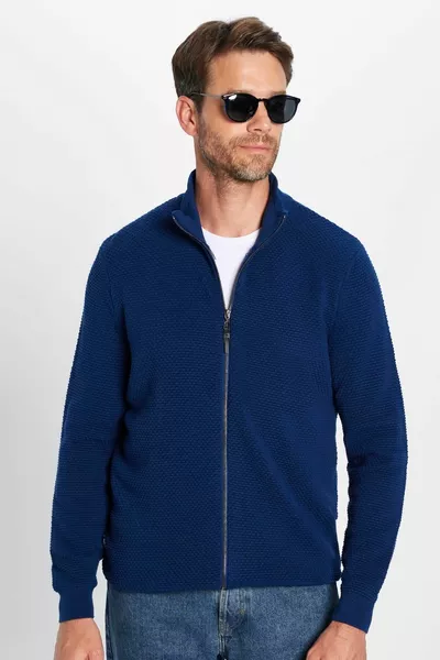 رجال منقوشة نصف الياقة المدورة بسحاب أزرق كارديجان