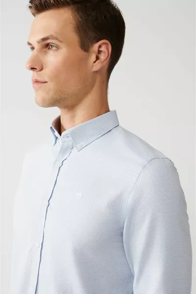 Herren Blaues Knopfkragen Baumwolle Leicht bügelbar Hemd 