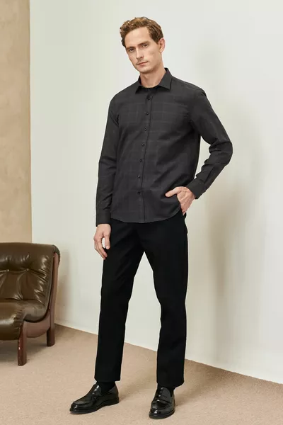 Мъжка черна вталена кройка Slim Fit Класическа карирана риза с яка