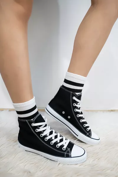 Unisexe Noir et Blanc Col Roulé Modèle Convers Sneakers en Lin