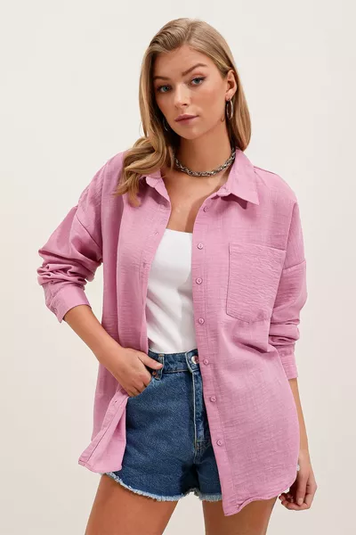  Chemise oversize en lin à poche unique - Poudre