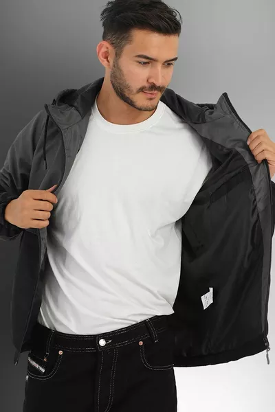 Anthrazit - schwarzer zweifarbig gefütterterter, winddichter saisonaler Sportmantel mit Kapuze für Herren