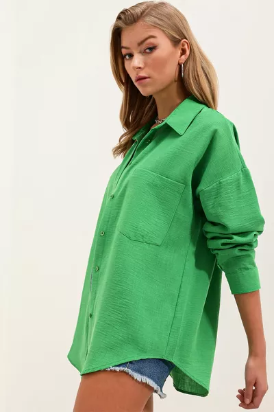  Single Pocket Oversize Linen Shirt - Green