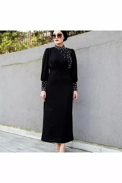 فستان لؤلؤي مفصل للمناسبات الخاصة - أسود