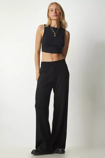 Pantalon en maille côtelée noire pour femme 