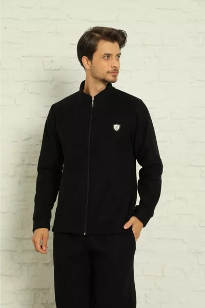 Ensemble pyjama en molleton d’hiver noir pour homme avec fermeture éclair sur le devant