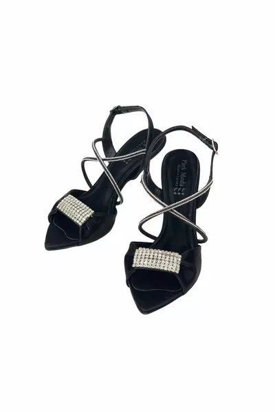 Damen Tetma Abendkleid Schuhe aus schwarzer Seide mit Steindetail 8 cm 