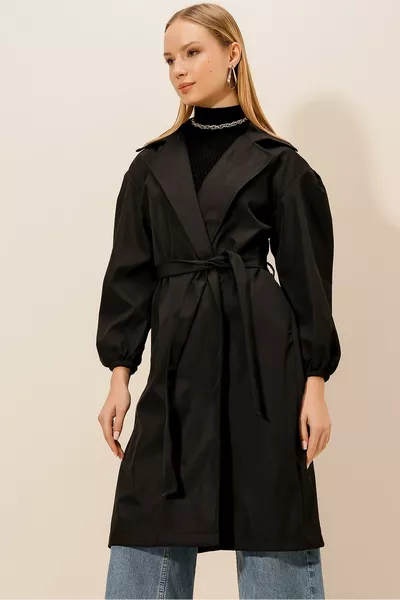 Waist Tie Balloon Sleeve Trench Coat