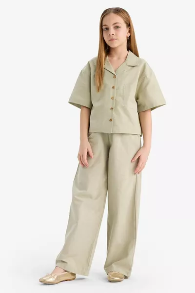 بنطال قطن للبنات بحزام مرن عند الخصر، بقصة ساق واسعة وواسعة جدًا SM