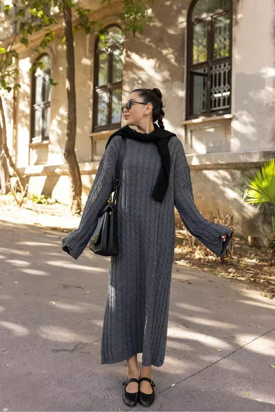 Antrasit Bisiklet Yaka Saç Örgülü Triko Elbise 