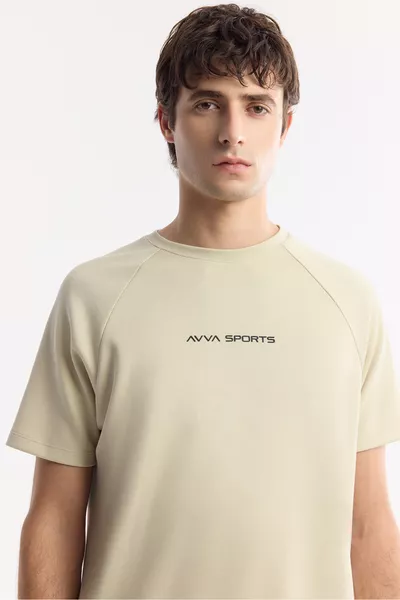 Мужская бежевая футболка оверсайз с принтом и круглым вырезом 