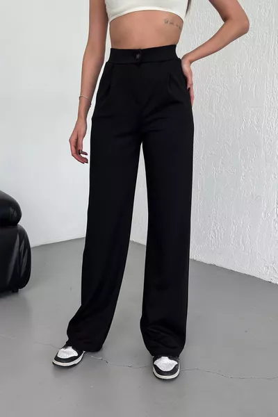 Дамски панталон Palazzo с висока талия, плисета, копчета, еластичен и удобен, черен