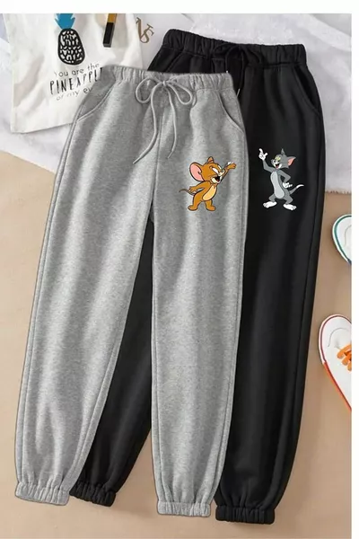 2-Piece Tom and Jerry Jogger Pants - Black and Gray with Printed Elastic Cuffs and High Waist
